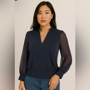 New York & Company Navy Blouse with Sheer Sleeves